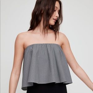 Aritzia black and white gingham strapless blouse.